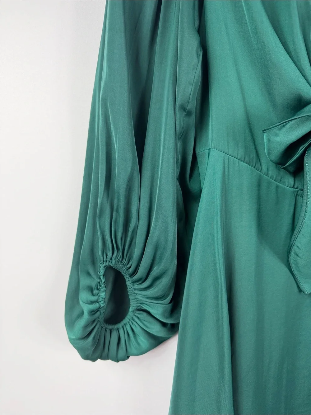 Saints + Secrets Deep Teal Satin Tie-Front Mini Dress Puff Sleeve S